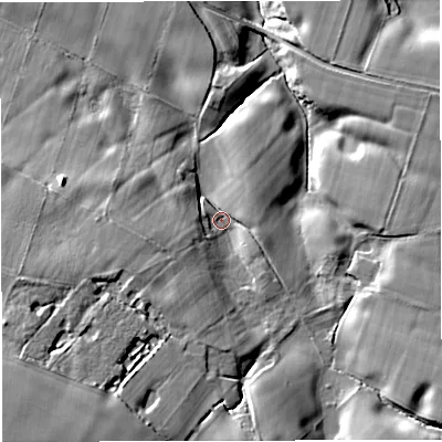 Shaded relief map of the ground around WA143QX, computed from Environment Agency LiDAR. The ground here sits at about 24 m above sea level and falls 24 m across the surrounding 800 m. Surface water reaching this point runs off ground lying to the south-west, 19.3 m higher.