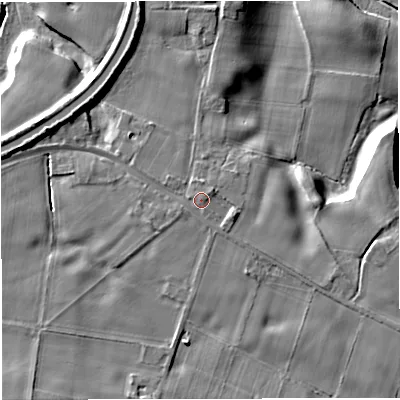 Shaded relief map of the ground around WA144SY, computed from Environment Agency LiDAR. The ground here sits at about 25 m above sea level and falls 15 m across the surrounding 800 m. Surface water reaching this point runs off ground lying to the east-south-east, 1.4 m higher.