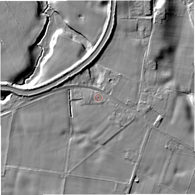 Shaded relief map of the ground around WA144SZ, computed from Environment Agency LiDAR. The ground here sits at about 24 m above sea level and falls 14 m across the surrounding 800 m. Surface water reaching this point runs off ground lying to the south-east, 1.8 m higher.