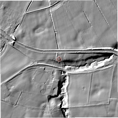 Shaded relief map of the ground around WA144TD, computed from Environment Agency LiDAR. The ground here sits at about 26 m above sea level and falls 12 m across the surrounding 800 m. Surface water reaching this point runs off ground lying to the west-south-west, 2.7 m higher.