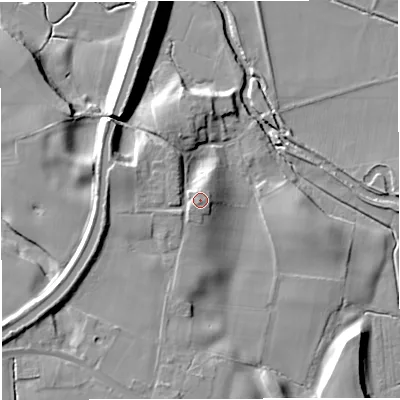 Shaded relief map of the ground around WA144TH, computed from Environment Agency LiDAR. The ground here sits at about 25 m above sea level and falls 13 m across the surrounding 800 m. Surface water reaching this point runs off ground lying to the south, 1.3 m higher.