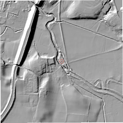 Shaded relief map of the ground around WA144TJ, computed from Environment Agency LiDAR. The ground here sits at about 17 m above sea level and falls 12 m across the surrounding 800 m. Surface water reaching this point runs off ground lying to the south-west, 10.4 m higher.
