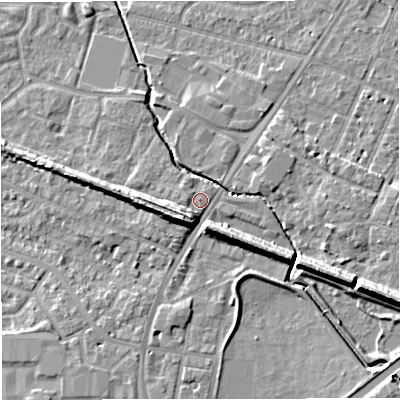 Shaded relief map of the ground around WA145AA, computed from Environment Agency LiDAR. The ground here sits at about 25 m above sea level and falls 11 m across the surrounding 800 m. Surface water reaching this point runs off ground lying to the east-south-east, 7.5 m higher.