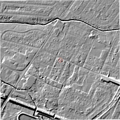Shaded relief map of the ground around WA145AU, computed from Environment Agency LiDAR. The ground here sits at about 24 m above sea level and falls 11 m across the surrounding 800 m. Surface water reaching this point runs off ground lying to the east-south-east, 7.8 m higher.