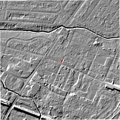 Shaded relief map of the ground around WA145AY, computed from Environment Agency LiDAR. The ground here sits at about 23 m above sea level and falls 11 m across the surrounding 800 m. Surface water reaching this point runs off ground lying to the south-south-east, 3.4 m higher.