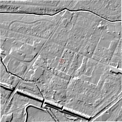 Shaded relief map of the ground around WA145AZ, computed from Environment Agency LiDAR. The ground here sits at about 24 m above sea level and falls 12 m across the surrounding 800 m. Surface water reaching this point runs off ground lying to the south, 2.6 m higher.