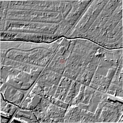 Shaded relief map of the ground around WA145BA, computed from Environment Agency LiDAR. The ground here sits at about 23 m above sea level and falls 11 m across the surrounding 800 m. Surface water reaching this point runs off ground lying to the north-north-east, 0.9 m higher.