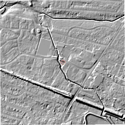 Shaded relief map of the ground around WA145BL, computed from Environment Agency LiDAR. The ground here sits at about 24 m above sea level and falls 12 m across the surrounding 800 m. Surface water reaching this point runs off ground lying to the south, 8.6 m higher.