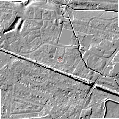 Shaded relief map of the ground around WA145DR, computed from Environment Agency LiDAR. The ground here sits at about 24 m above sea level and falls 12 m across the surrounding 800 m. Surface water reaching this point runs off ground lying to the south-south-west, 5.3 m higher.