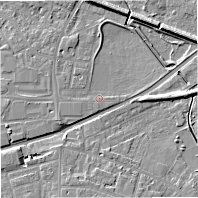 Shaded relief map of the ground around WA145DU, computed from Environment Agency LiDAR. The ground here sits at about 26 m above sea level and falls 9 m across the surrounding 800 m. Surface water reaching this point runs off ground lying to the west-south-west, 2.9 m higher.