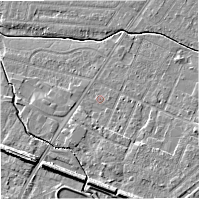 Shaded relief map of the ground around WA145HL, computed from Environment Agency LiDAR. The ground here sits at about 24 m above sea level and falls 11 m across the surrounding 800 m. Surface water reaching this point runs off ground lying to the south, 2.4 m higher.