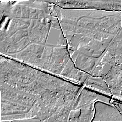 Shaded relief map of the ground around WA145HN, computed from Environment Agency LiDAR. The ground here sits at about 24 m above sea level and falls 12 m across the surrounding 800 m. Surface water reaching this point runs off ground lying to the south-east, 6.7 m higher.