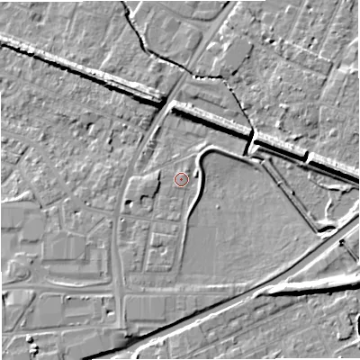 Shaded relief map of the ground around WA145LX, computed from Environment Agency LiDAR. The ground here sits at about 25 m above sea level and falls 10 m across the surrounding 800 m. Surface water reaching this point runs off ground lying to the south-south-west, 2.3 m higher.