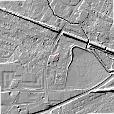 Shaded relief map of the ground around WA145LY, computed from Environment Agency LiDAR. The ground here sits at about 26 m above sea level and falls 10 m across the surrounding 800 m. Surface water reaching this point runs off ground lying to the south-west, 2.0 m higher.