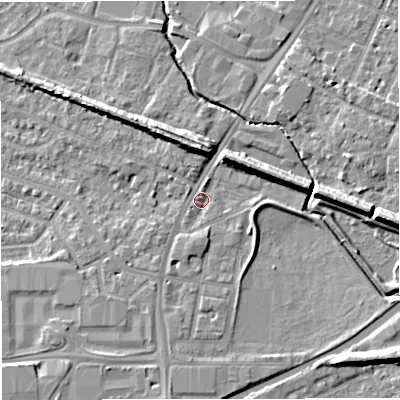 Shaded relief map of the ground around WA145LZ, computed from Environment Agency LiDAR. The ground here sits at about 25 m above sea level and falls 10 m across the surrounding 800 m. Surface water reaching this point runs off ground lying to the east, 6.8 m higher.