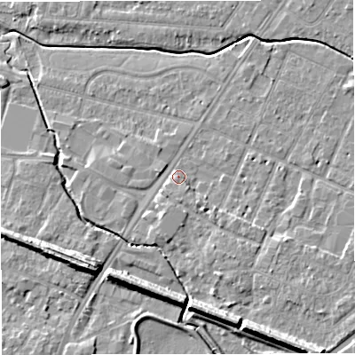Shaded relief map of the ground around WA145NB, computed from Environment Agency LiDAR. The ground here sits at about 25 m above sea level and falls 12 m across the surrounding 800 m. Surface water reaching this point runs off ground lying to the south-east, 2.6 m higher.