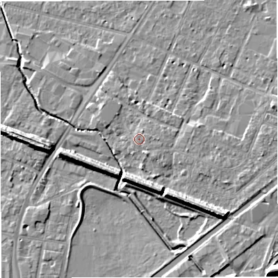 Shaded relief map of the ground around WA145NF, computed from Environment Agency LiDAR. The ground here sits at about 25 m above sea level and falls 11 m across the surrounding 800 m. Surface water reaching this point runs off ground lying to the east, 1.0 m higher.