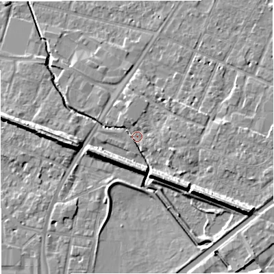 Shaded relief map of the ground around WA145NG, computed from Environment Agency LiDAR. The ground here sits at about 24 m above sea level and falls 11 m across the surrounding 800 m. Surface water reaching this point runs off ground lying to the south-east, 9.2 m higher.