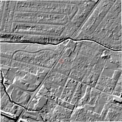 Shaded relief map of the ground around WA145NH, computed from Environment Agency LiDAR. The ground here sits at about 23 m above sea level and falls 11 m across the surrounding 800 m. Surface water reaching this point runs off ground lying to the south, 3.5 m higher.