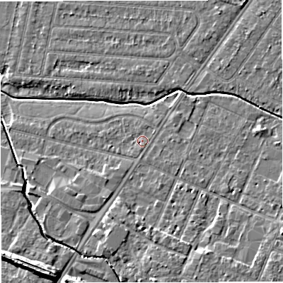 Shaded relief map of the ground around WA145PH, computed from Environment Agency LiDAR. The ground here sits at about 23 m above sea level and falls 11 m across the surrounding 800 m. Surface water reaching this point runs off ground lying to the south-south-east, 1.0 m higher.
