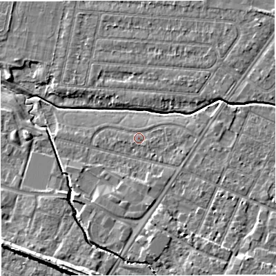 Shaded relief map of the ground around WA145PJ, computed from Environment Agency LiDAR. The ground here sits at about 23 m above sea level and falls 11 m across the surrounding 800 m. Surface water reaching this point runs off ground lying to the south-south-east, 3.7 m higher.
