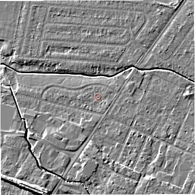Shaded relief map of the ground around WA145PL, computed from Environment Agency LiDAR. The ground here sits at about 23 m above sea level and falls 11 m across the surrounding 800 m. Surface water reaching this point runs off ground lying to the south-east, 1.0 m higher.