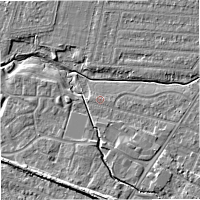 Shaded relief map of the ground around WA145PN, computed from Environment Agency LiDAR. The ground here sits at about 23 m above sea level and falls 11 m across the surrounding 800 m. Surface water reaching this point runs off ground lying to the west, 0.6 m higher.