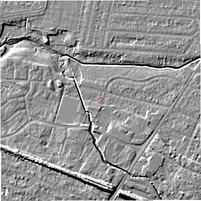 Shaded relief map of the ground around WA145PX, computed from Environment Agency LiDAR. The ground here sits at about 23 m above sea level and falls 12 m across the surrounding 800 m. Surface water reaching this point runs off ground lying to the south-south-west, 0.9 m higher.