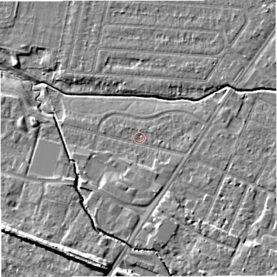 Shaded relief map of the ground around WA145PY, computed from Environment Agency LiDAR. The ground here sits at about 22 m above sea level and falls 11 m across the surrounding 800 m. Surface water reaching this point runs off ground lying to the south, 2.5 m higher.