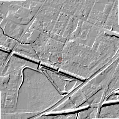 Shaded relief map of the ground around WA145QN, computed from Environment Agency LiDAR. The ground here sits at about 25 m above sea level and falls 10 m across the surrounding 800 m. Surface water reaching this point runs off ground lying to the south-east, 7.7 m higher.