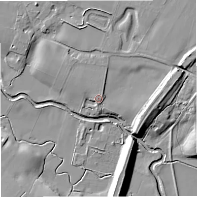 Shaded relief map of the ground around WA145SF, computed from Environment Agency LiDAR. The ground here sits at about 21 m above sea level and falls 14 m across the surrounding 800 m. Surface water reaching this point runs off ground lying to the east-north-east, 7.8 m higher.