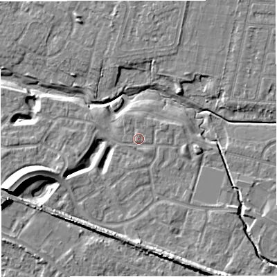 Shaded relief map of the ground around WA145UX, computed from Environment Agency LiDAR. The ground here sits at about 23 m above sea level and falls 13 m across the surrounding 800 m. Surface water reaching this point runs off ground lying to the south, 1.1 m higher.
