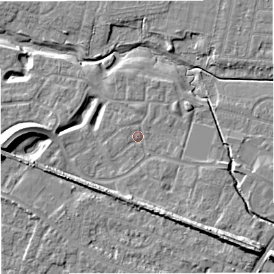 Shaded relief map of the ground around WA145UY, computed from Environment Agency LiDAR. The ground here sits at about 23 m above sea level and falls 13 m across the surrounding 800 m. Surface water reaching this point runs off ground lying to the south-south-east, 5.8 m higher.