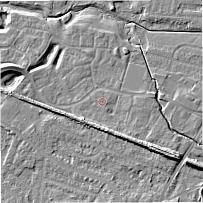 Shaded relief map of the ground around WA145UZ, computed from Environment Agency LiDAR. The ground here sits at about 24 m above sea level and falls 12 m across the surrounding 800 m. Surface water reaching this point runs off ground lying to the south-south-east, 0.7 m higher.