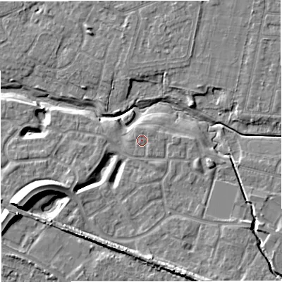 Shaded relief map of the ground around WA145WE, computed from Environment Agency LiDAR. The ground here sits at about 23 m above sea level and falls 13 m across the surrounding 800 m. Surface water reaching this point runs off ground lying to the south, 1.1 m higher.