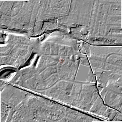 Shaded relief map of the ground around WA145XG, computed from Environment Agency LiDAR. The ground here sits at about 23 m above sea level and falls 13 m across the surrounding 800 m. Surface water reaching this point runs off ground lying to the west-south-west, 0.9 m higher.