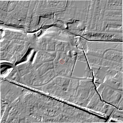 Shaded relief map of the ground around WA145XH, computed from Environment Agency LiDAR. The ground here sits at about 23 m above sea level and falls 12 m across the surrounding 800 m. Surface water reaching this point runs off ground lying to the south, 5.9 m higher.