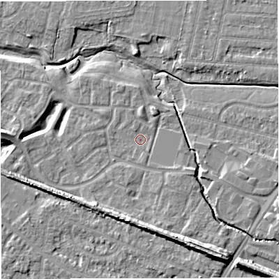 Shaded relief map of the ground around WA145XJ, computed from Environment Agency LiDAR. The ground here sits at about 23 m above sea level and falls 12 m across the surrounding 800 m. Surface water reaching this point runs off ground lying to the south, 5.9 m higher.