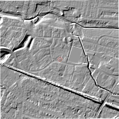 Shaded relief map of the ground around WA145XR, computed from Environment Agency LiDAR. The ground here sits at about 23 m above sea level and falls 12 m across the surrounding 800 m. Surface water reaching this point runs off ground lying to the south-south-east, 5.7 m higher.