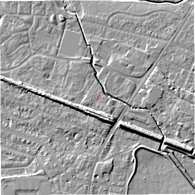 Shaded relief map of the ground around WA145XS, computed from Environment Agency LiDAR. The ground here sits at about 25 m above sea level and falls 11 m across the surrounding 800 m. Surface water reaching this point runs off ground lying to the south-east, 0.9 m higher.