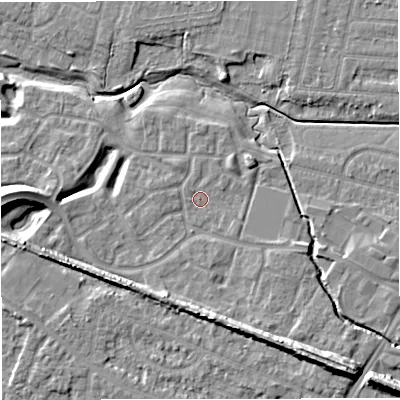 Shaded relief map of the ground around WA145XT, computed from Environment Agency LiDAR. The ground here sits at about 23 m above sea level and falls 12 m across the surrounding 800 m. Surface water reaching this point runs off ground lying to the south-south-east, 5.8 m higher.