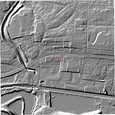 Shaded relief map of the ground around WA14AE, computed from Environment Agency LiDAR. The ground here sits at about 11 m above sea level and falls 16 m across the surrounding 800 m. Surface water reaching this point runs off ground lying to the east-north-east, 5.3 m higher.