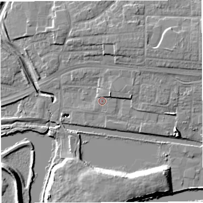 Shaded relief map of the ground around WA14AG, computed from Environment Agency LiDAR. The ground here sits at about 10 m above sea level and falls 16 m across the surrounding 800 m. Surface water reaching this point runs off ground lying to the north-east, 2.8 m higher.