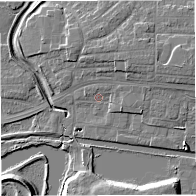 Shaded relief map of the ground around WA14AL, computed from Environment Agency LiDAR. The ground here sits at about 9 m above sea level and falls 16 m across the surrounding 800 m. Surface water reaching this point runs off ground lying to the north-east, 2.0 m higher.