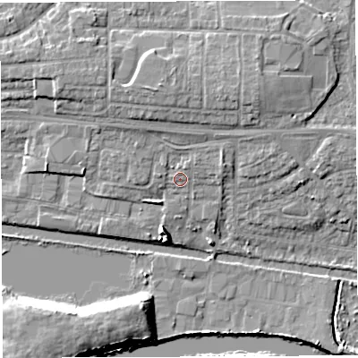 Shaded relief map of the ground around WA14AT, computed from Environment Agency LiDAR. The ground here sits at about 11 m above sea level and falls 10 m across the surrounding 800 m. Surface water reaching this point runs off ground lying to the north-north-east, 1.6 m higher.