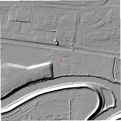 Shaded relief map of the ground around WA14AW, computed from Environment Agency LiDAR. The ground here sits at about 8 m above sea level and falls 13 m across the surrounding 800 m. Surface water reaching this point runs off ground lying to the north, 1.1 m higher.