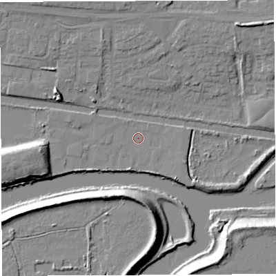 Shaded relief map of the ground around WA14BA, computed from Environment Agency LiDAR. The ground here sits at about 8 m above sea level and falls 13 m across the surrounding 800 m. Surface water reaching this point runs off ground lying to the south-east, 2.5 m higher.
