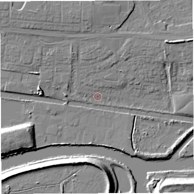 Shaded relief map of the ground around WA14BH, computed from Environment Agency LiDAR. The ground here sits at about 9 m above sea level and falls 13 m across the surrounding 800 m. Surface water reaching this point runs off ground lying to the north-east, 7.9 m higher.