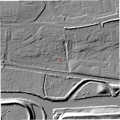 Shaded relief map of the ground around WA14BJ, computed from Environment Agency LiDAR. The ground here sits at about 9 m above sea level and falls 13 m across the surrounding 800 m. Surface water reaching this point runs off ground lying to the north-north-east, 7.9 m higher.