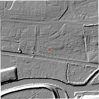 Shaded relief map of the ground around WA14BL, computed from Environment Agency LiDAR. The ground here sits at about 10 m above sea level and falls 13 m across the surrounding 800 m. Surface water reaching this point runs off ground lying to the north, 4.3 m higher.